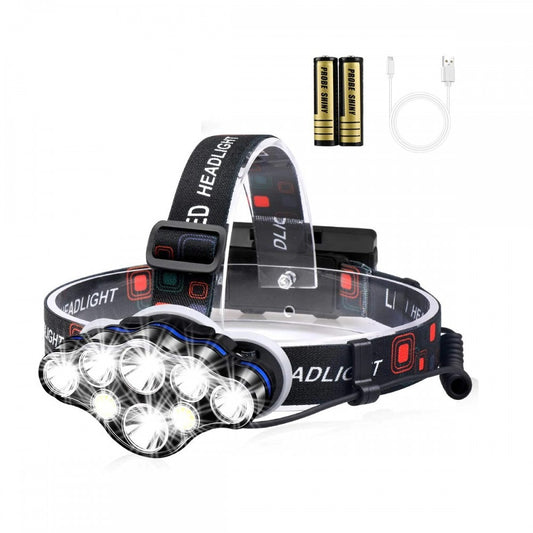 Lanterna Frontală Premium cu 8 LED-uri, 2 Acumulatori 3,7V LI-ION, Încărcare USB
